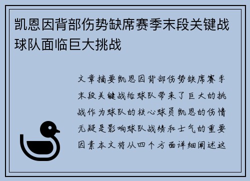 凯恩因背部伤势缺席赛季末段关键战球队面临巨大挑战